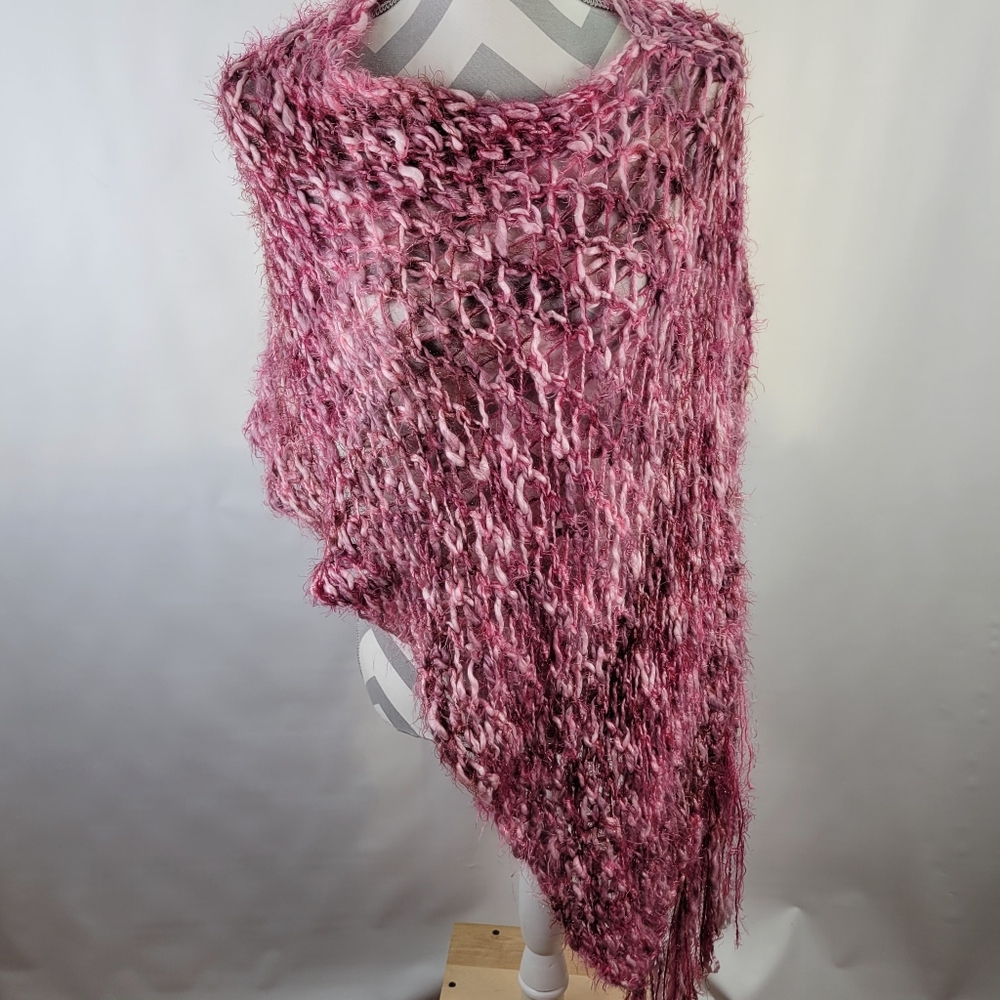 Asymmetrical Handmade Open Weave Crochet Poncho One size Multi pink colors